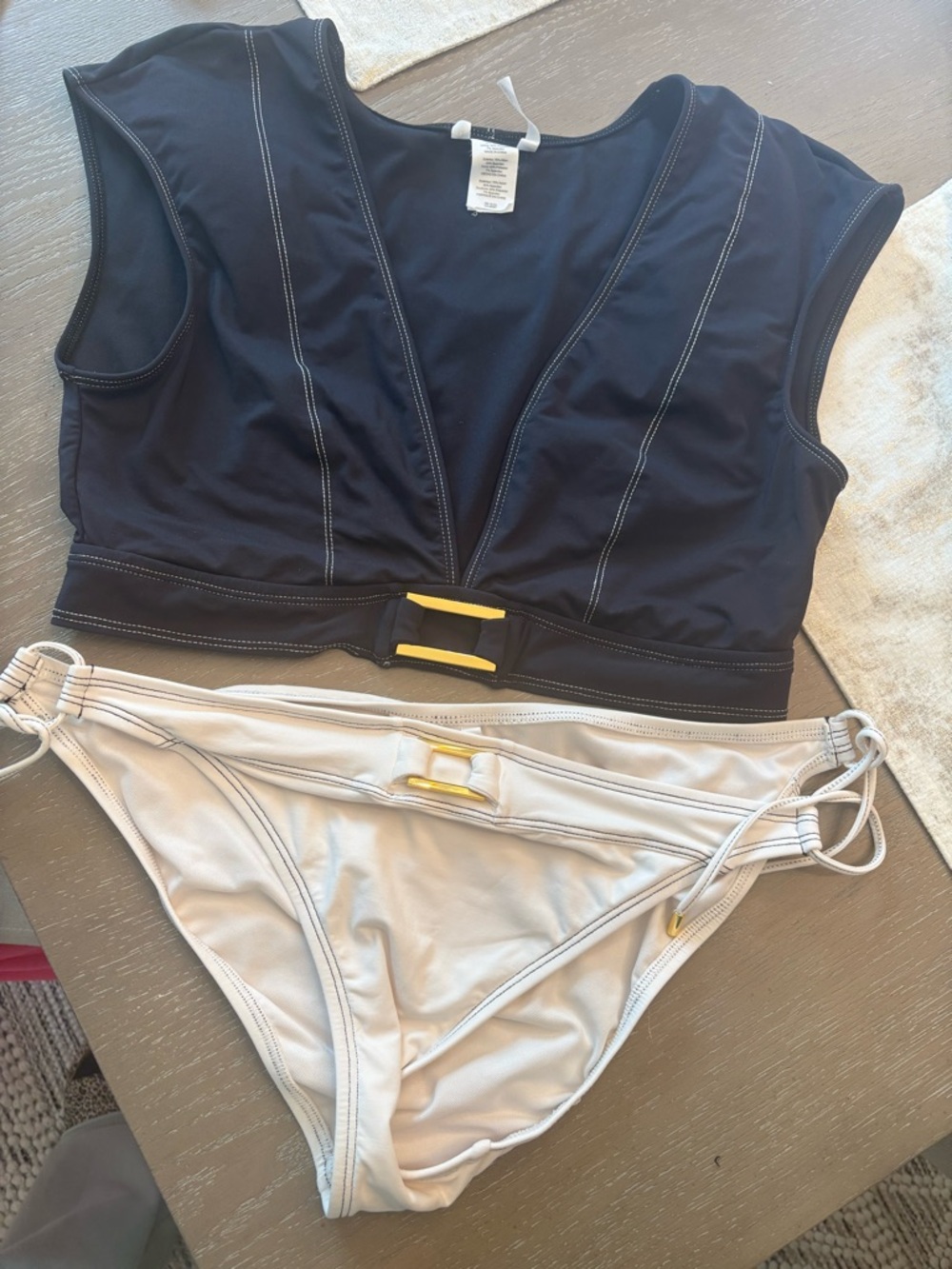 Black and Cream Two-Piece Women’s Swim Set with Gold Accent